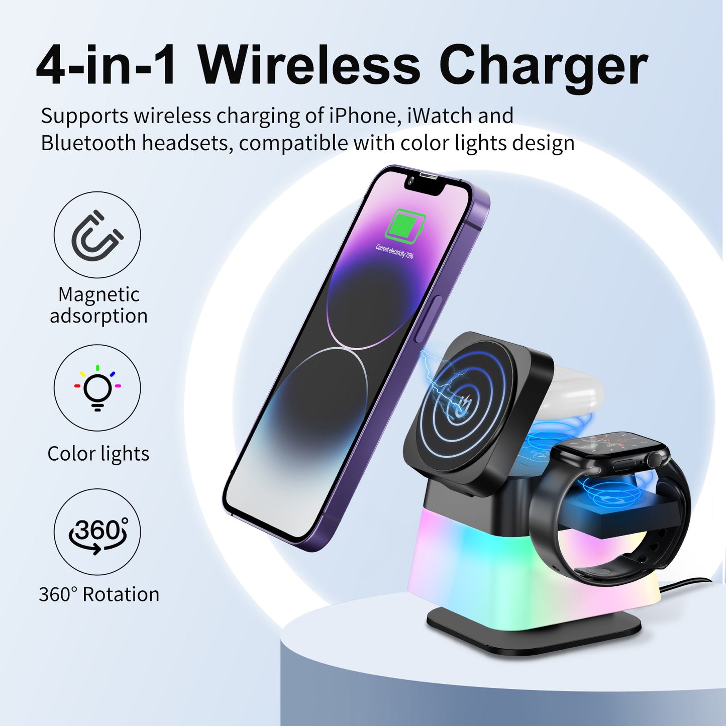 SmartGlow 360° - Magnetic Wireless Charging Stand with Colorful Lights